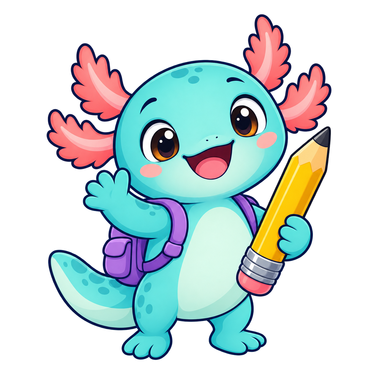 Pip, a friendly turquoise axolotl with a pencil and backpack